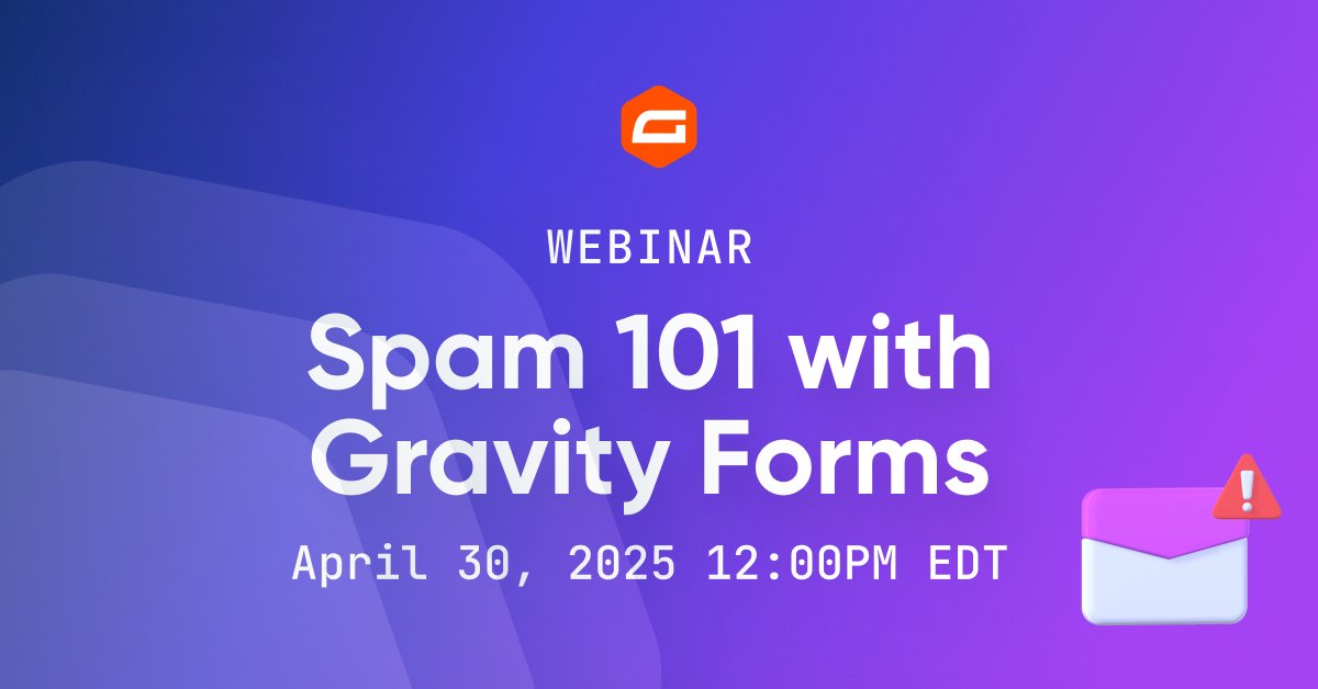 Gravity (@gravity) on Twitter photo ๐ซ Sick of spam submissions? We've got you!
Join <a href="/mattmedeiros/">Matt Medeiros</a> and Sarah Kirkwold for Spam 101, a FREE Gravity Forms webinar.
Already thinking of questions for the session? Drop us a reply!
๐๏ธ Happening tomorrow - donโt miss it!
Register here for free: gravityfor.ms/44dzP0H ๐ซ Sick of spam submissions? We've got you!
Join <a href="/mattmedeiros/">Matt Medeiros</a> and Sarah Kirkwold for Spam 101, a FREE Gravity Forms webinar.
Already thinking of questions for the session? Drop us a reply!
๐๏ธ Happening tomorrow - donโt miss it!
Register here for free: gravityfor.ms/44dzP0H