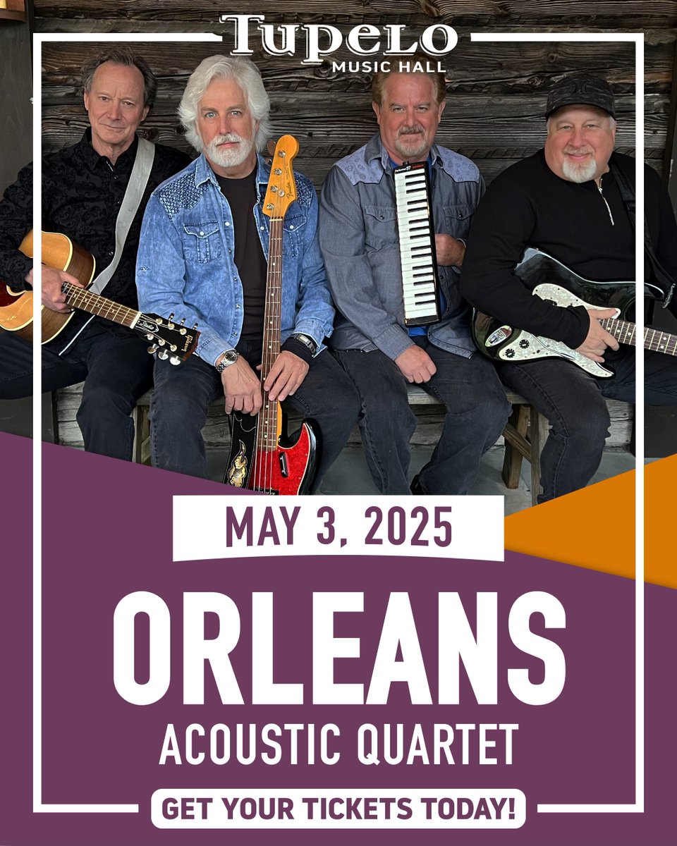 Platinum hit-makers Orleans are hitting the Tupelo Music Hall stage this Saturday! Get your tickets to see their acoustic quartet show here: tickets.tupelohall.com/Orleans. See you soon!