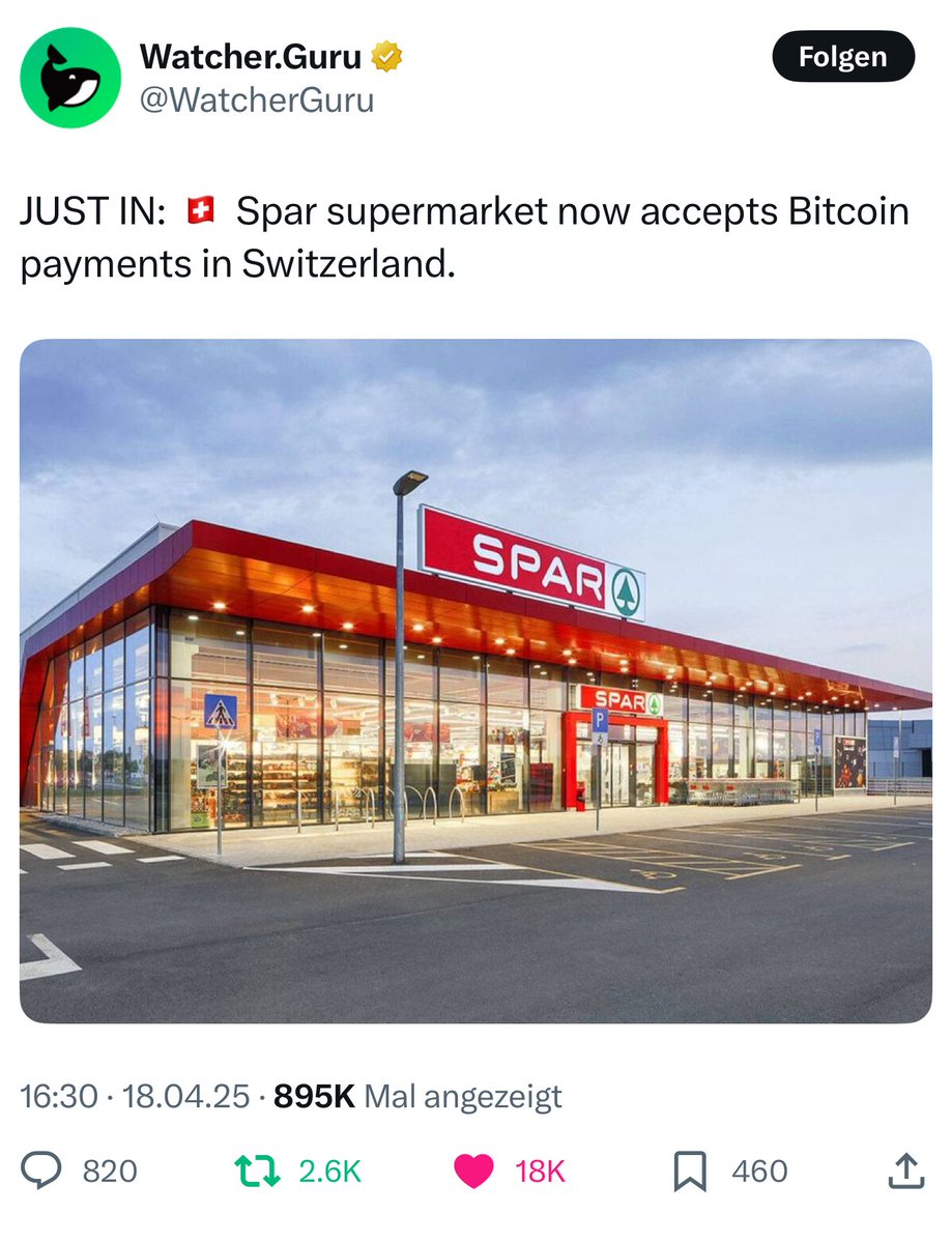 TaprootFreak || Activate CTV + CSFS (@taprootfreak) on Twitter photo Unsere Partnerschaft mit SPAR hat grosse Welle geschlagen. Über 800k views bei WatcherGuru. Aber wie funktioniert das überhaupt?
Wenn Dich die Details interessieren gibt es jetzt auch einen Podcast dazu.
Grosses Danke an <a href="/18loddi/">Loddi</a> von <a href="/SoundMoney_pod/">Sound Money Bitcoin Podcast</a>
podcasts.apple.com/gb/podcast/269… Unsere Partnerschaft mit SPAR hat grosse Welle geschlagen. Über 800k views bei WatcherGuru. Aber wie funktioniert das überhaupt?
Wenn Dich die Details interessieren gibt es jetzt auch einen Podcast dazu.
Grosses Danke an <a href="/18loddi/">Loddi</a> von <a href="/SoundMoney_pod/">Sound Money Bitcoin Podcast</a>
podcasts.apple.com/gb/podcast/269…