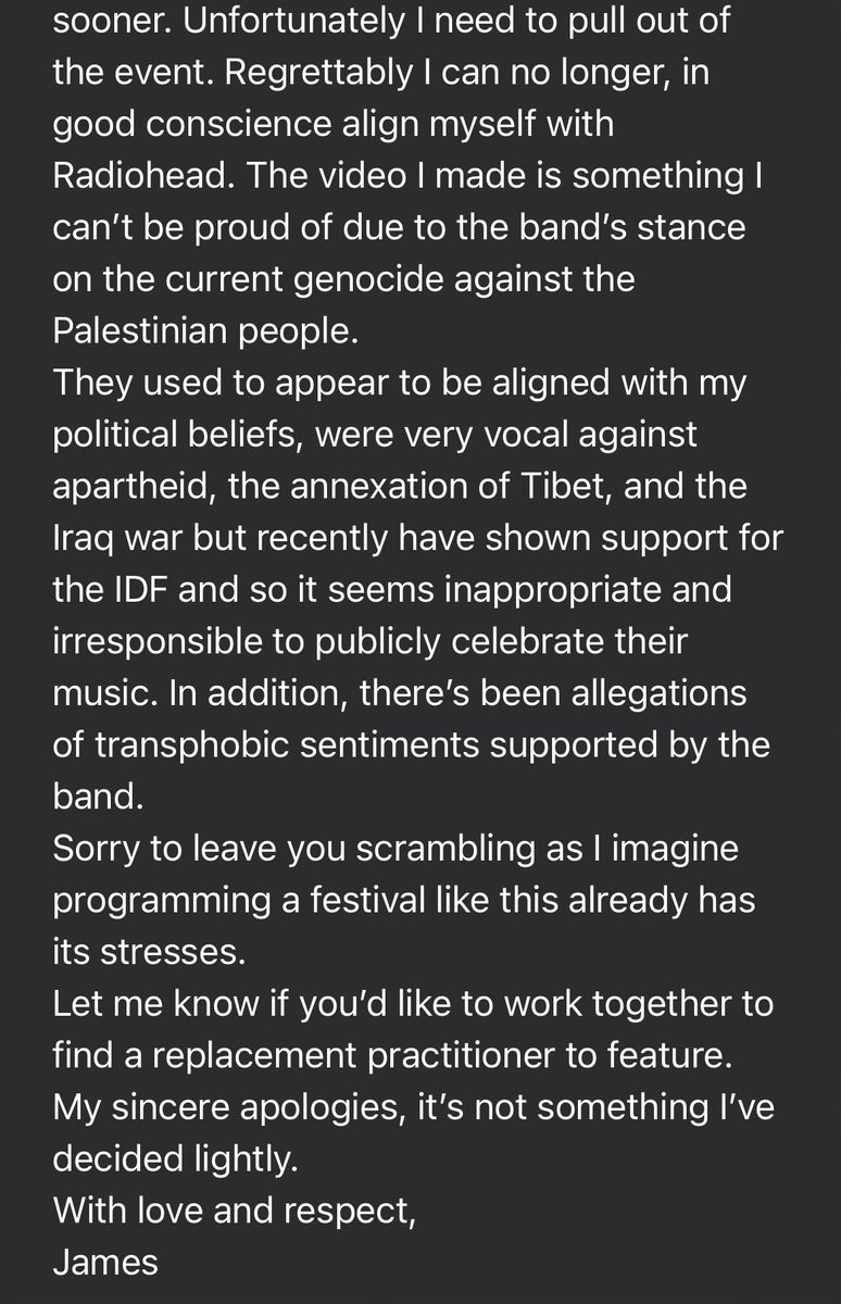 I was due to screen a video I made for Radiohead in Glasgow on the 3rd of May but have unfortunately had to cancel. I can no longer support the band due to their stance on Israel and alleged transphobic sentiments. Very sorry.
Free Palestine 🇵🇸 
Trans rights are human rights 🏳️‍⚧️