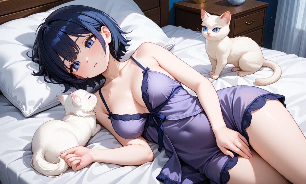 EAAII_V's tweet photo. #AIArt, #anime_style, #DigitalArt, #anime_girl, #short_dark_hair, #blue_eyes, #lingerie, #nightgown, #purple_lingerie, #bed, #lying_down, #cat, #white_cat, #pet, #blush, #window, #sunlight, #morning, #cute, #ribbon, #cat_ears_gloves, #animal_companion, #bedroom, #soft_lighting https://t.co/N9AdMU96h2
