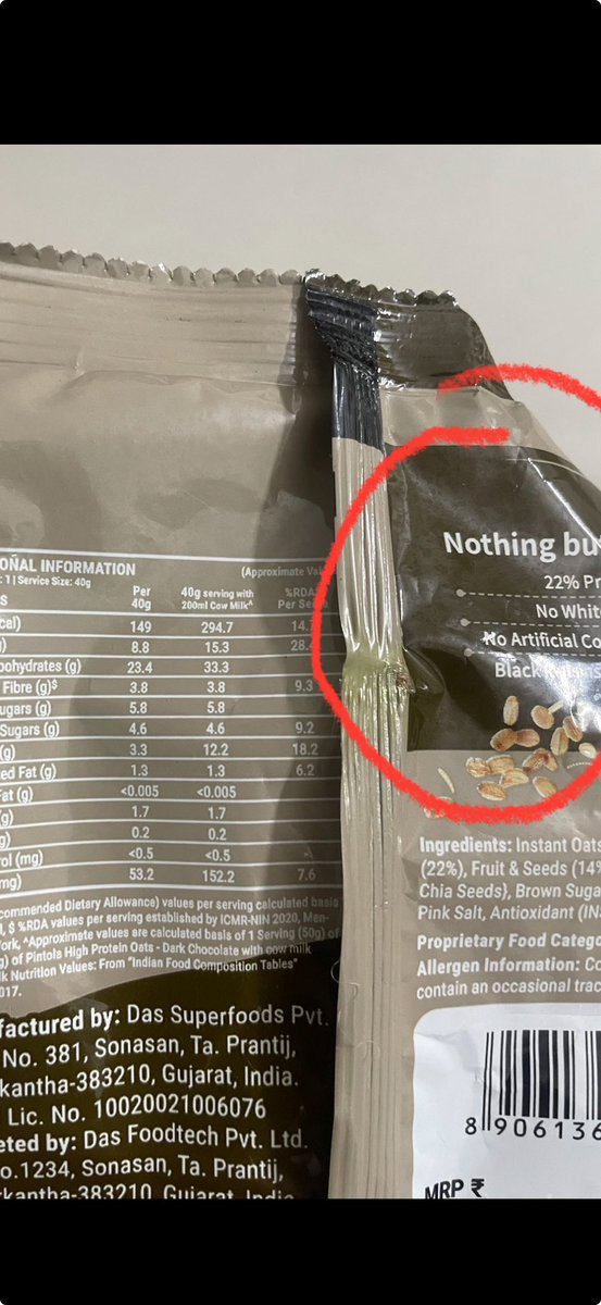 Mahre_kai's tweet photo. @viralbiryani It’s fascinating how people go out of their way to fold a packet, crop a fact &amp; say anything. Ignoring basic math, and then confidently posting it online. It clearly says 22% protein. Tagging people won’t cover up that homework wasn’t done, didi. https://t.co/vZtk0N4M2o