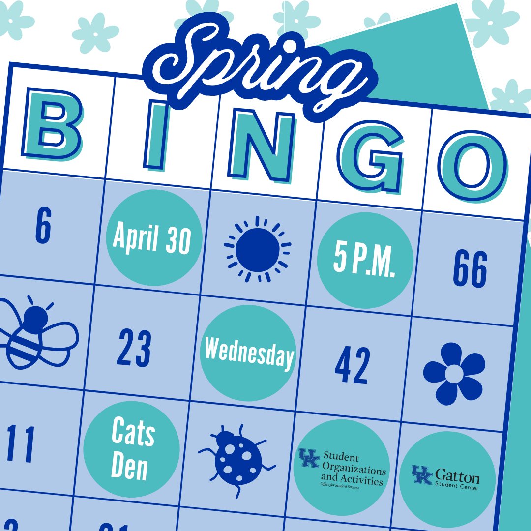 Join us tomorrow at 5pm in the Cats Den for a fun game of Spring Bingo! Prizes will be given out to the winners of each round! You won't want to miss our final bingo of the semester! 

This event is open to all members of the UK community!