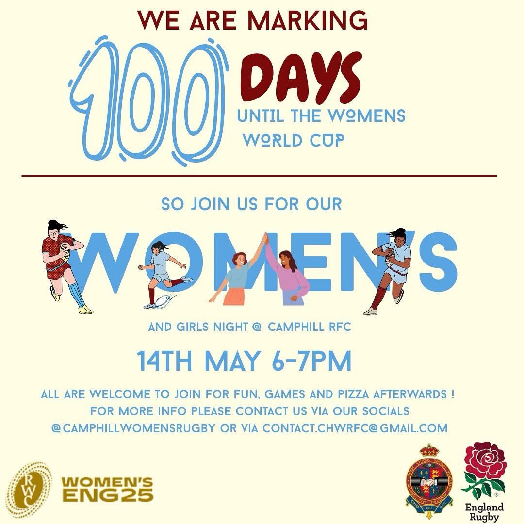 14th MAY = 100 DAYS TO GO!
We’re counting down to the Women’s Rugby World Cup 🏆 with a Women &amp; Girls Night at CH!
Tuesday 14th May | 6–7PM 🗓️
Fun, games &amp; PIZZA after! 🍕
All women &amp; girls are welcome! 🏉
Want in?
DM us here or email via contact.chwrfc@gmail.com