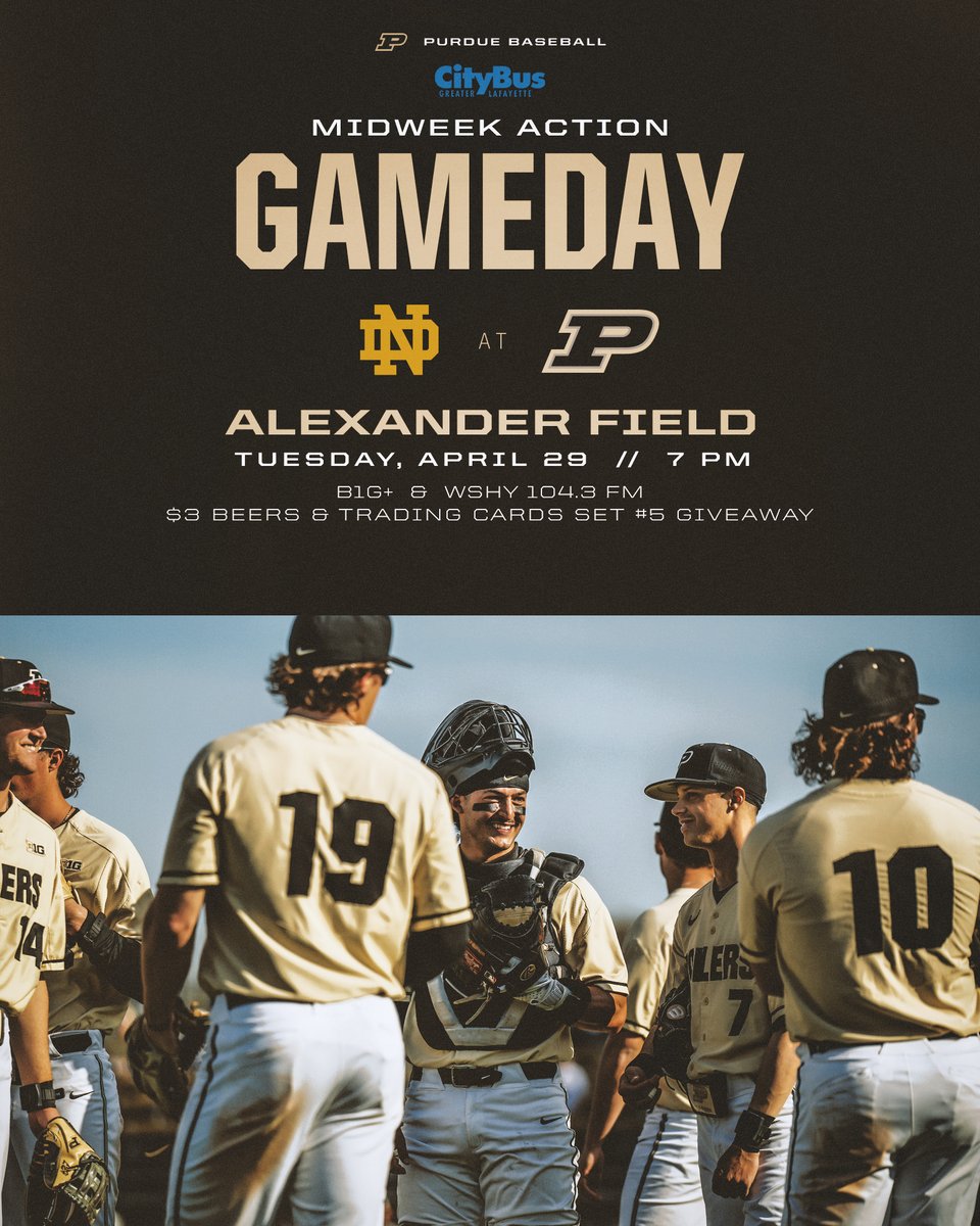 Purdue Baseball (@purduebaseball) on Twitter photo Night Game vs Notre Dame. First visit from the Irish since 1997. #BoilerUp
π π π
π 7pm
ποΈ Alexander Field
π 70 Degrees
πͺ <a href="/EastonStorey/">Easton Storey</a> vs RHP Dylan Heine
π» $3 Beers
π» WSHY 104.3 FM
πΊ Stream B1G+ Night Game vs Notre Dame. First visit from the Irish since 1997. #BoilerUp
π π π
π 7pm
ποΈ Alexander Field
π 70 Degrees
πͺ <a href="/EastonStorey/">Easton Storey</a> vs RHP Dylan Heine
π» $3 Beers
π» WSHY 104.3 FM
πΊ Stream B1G+