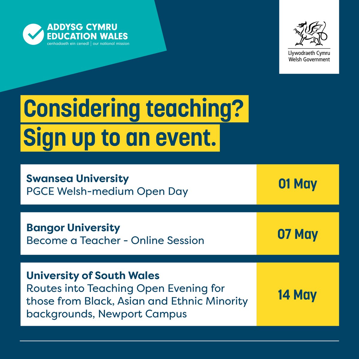 Teaching Wales (@teachingwales) on Twitter photo New events this May! 📢
If you’re considering teaching and want to learn more
about the profession, sign up to an event this month!
Follow the link: linktr.ee/teachingwales
#TeachingWales
#PGCEO
<a href="/SwanseaUni/">Swansea University</a>
<a href="/UniSouthWales/">University of South Wales</a>
@cymraeg
<a href="/BangorUni/">Bangor University</a> New events this May! 📢
If you’re considering teaching and want to learn more
about the profession, sign up to an event this month!
Follow the link: linktr.ee/teachingwales
#TeachingWales
#PGCEO
<a href="/SwanseaUni/">Swansea University</a>
<a href="/UniSouthWales/">University of South Wales</a>
@cymraeg
<a href="/BangorUni/">Bangor University</a>