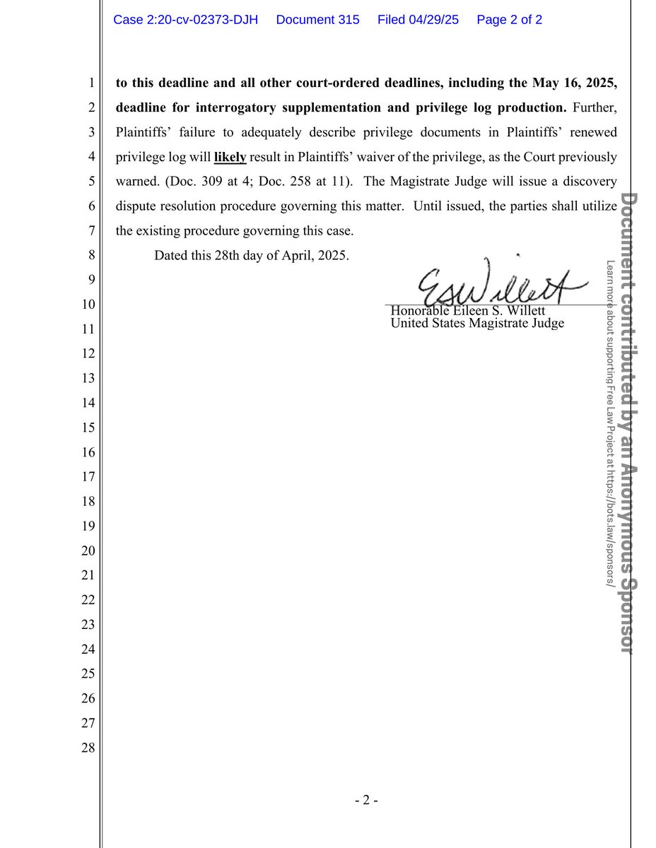 psy_cases's tweet image. New filing: &quot;Arizona Yage Assembly v. A.G. (Religious freedom - sacrament seizure)&quot;
Doc #315: Order

PDF: courtlistener.com/docket/1872389…

#CL18723894