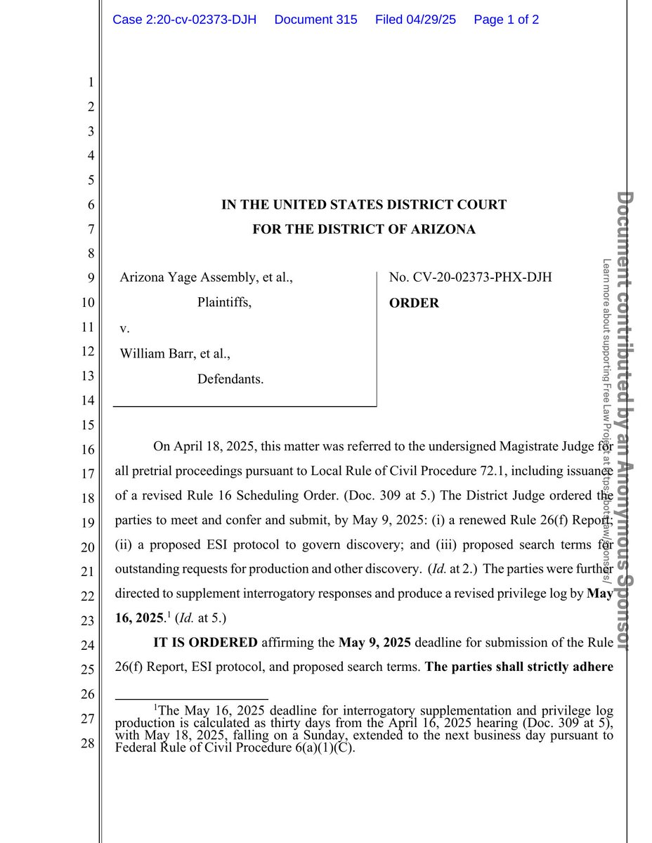 psy_cases's tweet image. New filing: &quot;Arizona Yage Assembly v. A.G. (Religious freedom - sacrament seizure)&quot;
Doc #315: Order

PDF: courtlistener.com/docket/1872389…

#CL18723894