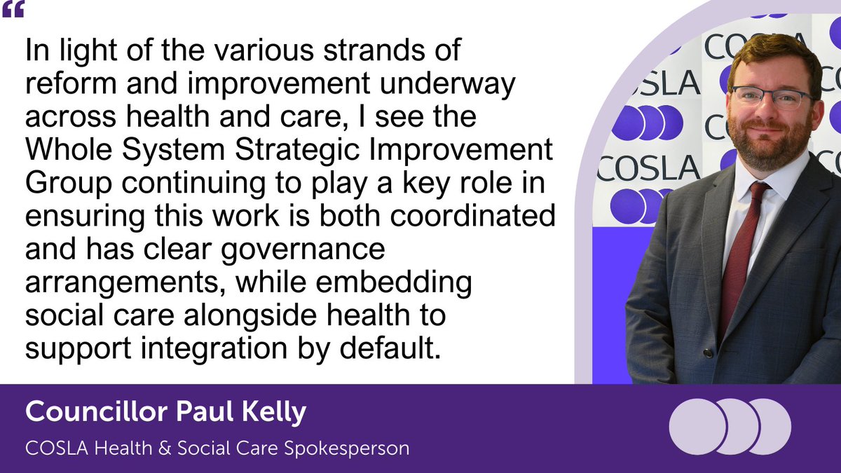COSLA (@cosla) on Twitter photo Earlier today, the Whole System Strategic Improvement Group (WSSIG) held its latest quarterly meeting on strategic improvement in health & social care. COSLA’s Health and Social Care Spokesperson, <a href="/cllrpaulkelly/">Paul Kelly 🇺🇦</a> Co-Chairs the Group.
Read more: cosla.gov.uk/news/2025/On-T… Earlier today, the Whole System Strategic Improvement Group (WSSIG) held its latest quarterly meeting on strategic improvement in health & social care. COSLA’s Health and Social Care Spokesperson, <a href="/cllrpaulkelly/">Paul Kelly 🇺🇦</a> Co-Chairs the Group.
Read more: cosla.gov.uk/news/2025/On-T…