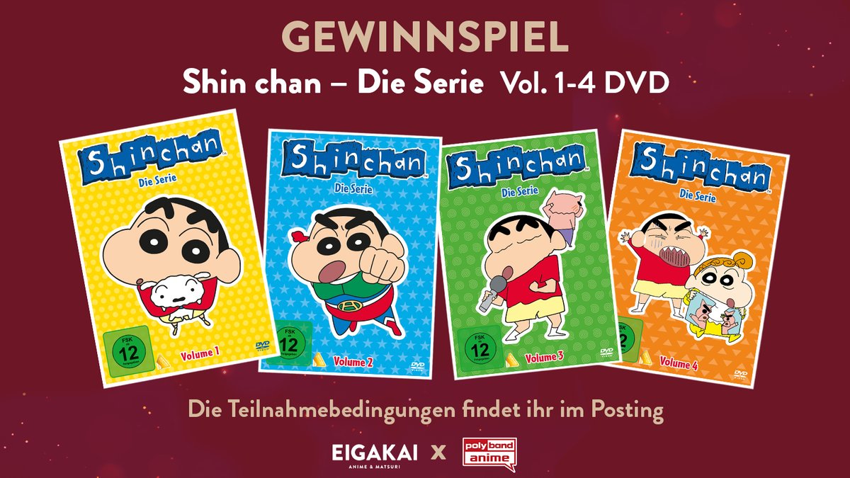 EigakaiFestival's tweet image. 🎁 MEGA-SHIN-CHAN GEWINNSPIEL! 🎁

Zur Feier der Ankündigung verlosen wir gemeinsam mit unserem Partner @polyband_anime unter euch die ersten vier Volumes der kultigen SHIN CHAN Serie auf DVD! 🤩

Die Teilnahmebedingungen findet ihr unter diesem Post