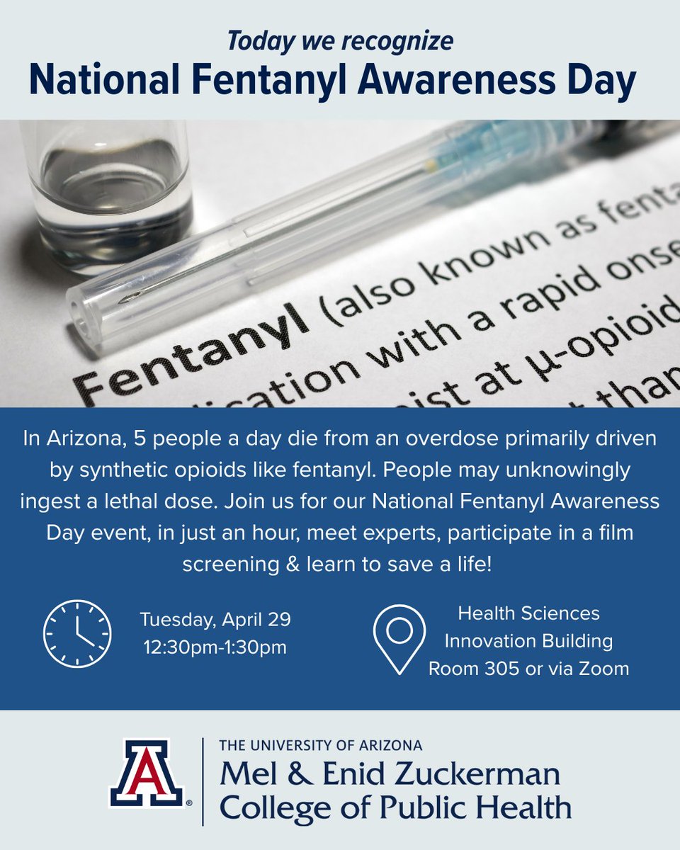 Today is National Fentanyl Awareness Day!

Join us from 12:30-1:30pm at the Health Sciences Innovation Building (HSIB), room 305, to hear about how you can help save lives! or join via Zoom.

Learn more and register: bit.ly/4lRdxIc