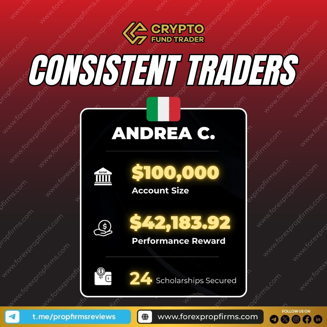 propfirms's tweet image. Crypto Fund Trader – Trader Highlight 📈

Andrea C. earned $42,183.92 and 24 scholarships on a $100K account—proving consistency wins.

#CryptoFundTrader #PerformanceReward #TopTrader