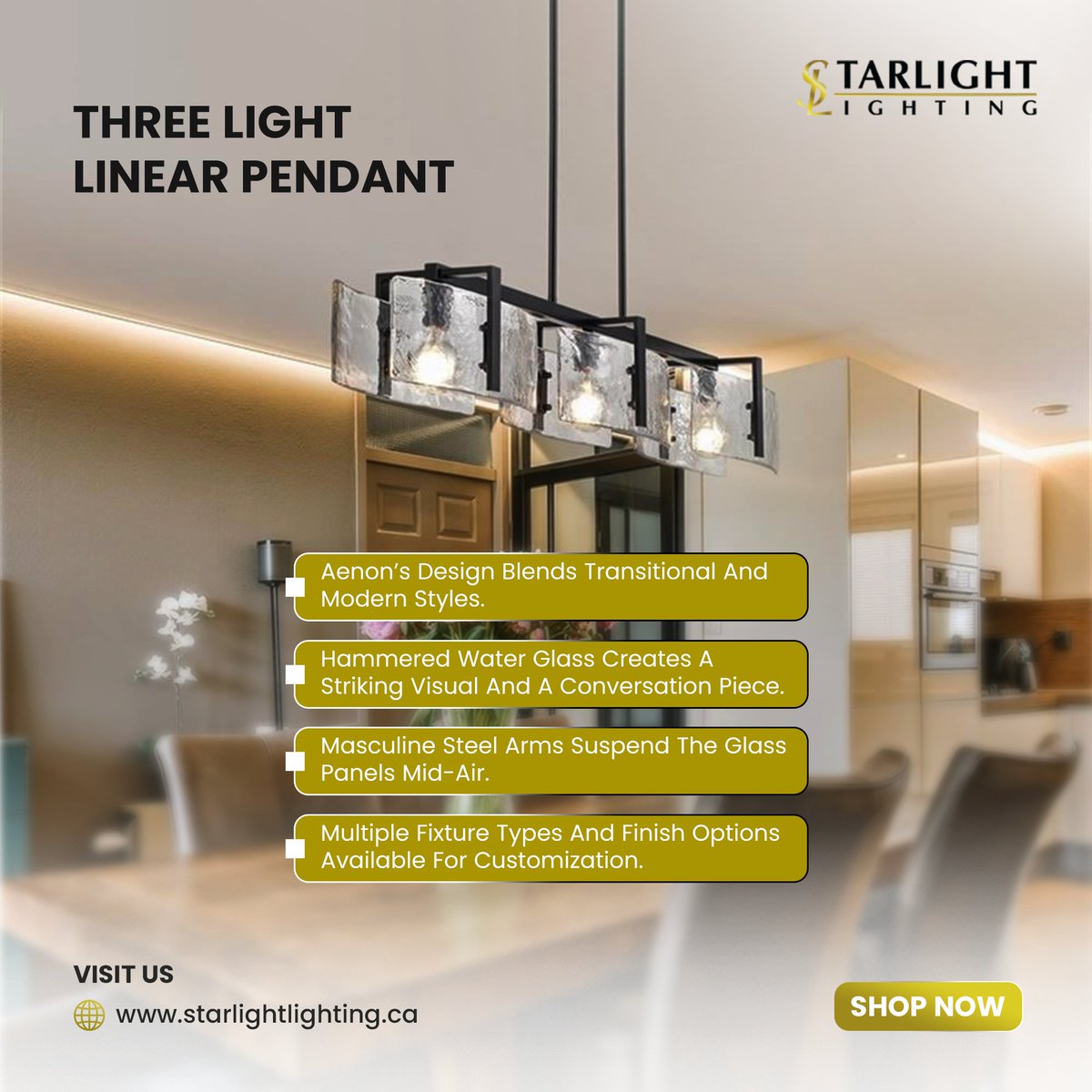 Star_Light_CA's tweet photo. 💡 Lighting That Turns Heads! 💡

Dimensions:
Width: 8.88"" | Height: 8.13"" | Extension: 40.50""
3 Bulbs | Max Wattage: 100W

Shop now: https://t.co/bilJgsR7E2 

#StarlightLighting #GoldenLighting #ModernLighting #HomeDecor #PendantLight #LightingSolutions #AenonCollection https://t.co/3xkzlFhhqw