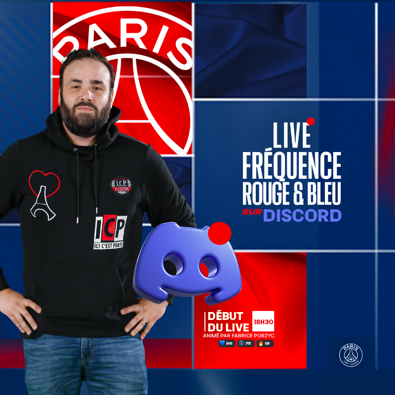 PSG_inside's tweet photo. C'est parti pour le live Fréquence Rouge et Bleu avec FAB 📻❤️💙

Des quizz et un maillot à gagner sur notre Discord 

⌚️ 18h30

➡️ https://t.co/FblCf0RQ7s