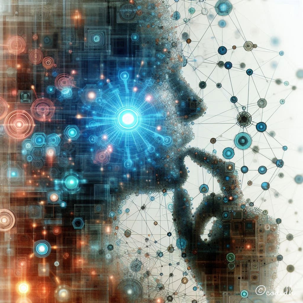 Código infinito, tejido de luz y sombra, autómatas,  red intrincada, danza, patrones de lógica escondida.  Célula, universo vibrante,  tejiendo hilos con sus vecinas cercanas,  orden que  emerge del caos latente. Autómata  y mente  humana, comparten el pulso de la creación.