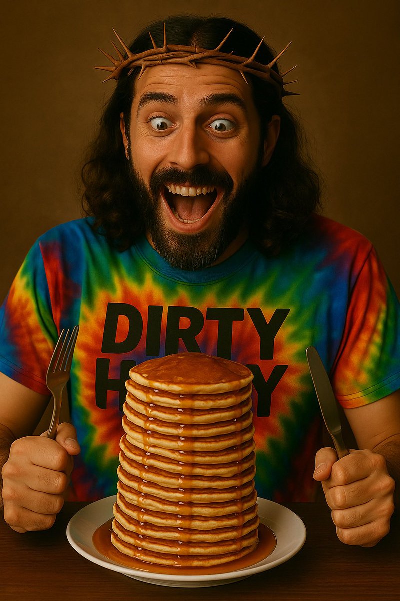 Third day who? He’s back by breakfast.

He saw the pancakes and instantly resurrected.
Alien cried.
Bigfoot called it a miracle.
Jesus just said, “Pass the syrup.”
DIRTY HIPPY – It’s giving divine carbs. 
🥞✝️👼🌈🍯