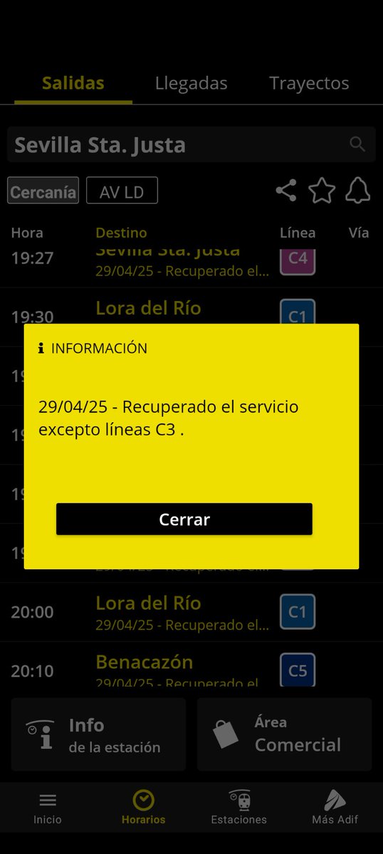 PacoAlvarezGlez's tweet photo. @Inforenfe en la app de ADIF ya indica que funciona la linea C1 de cercanías de Sevilla, es así? https://t.co/ZxGfSQtrhf