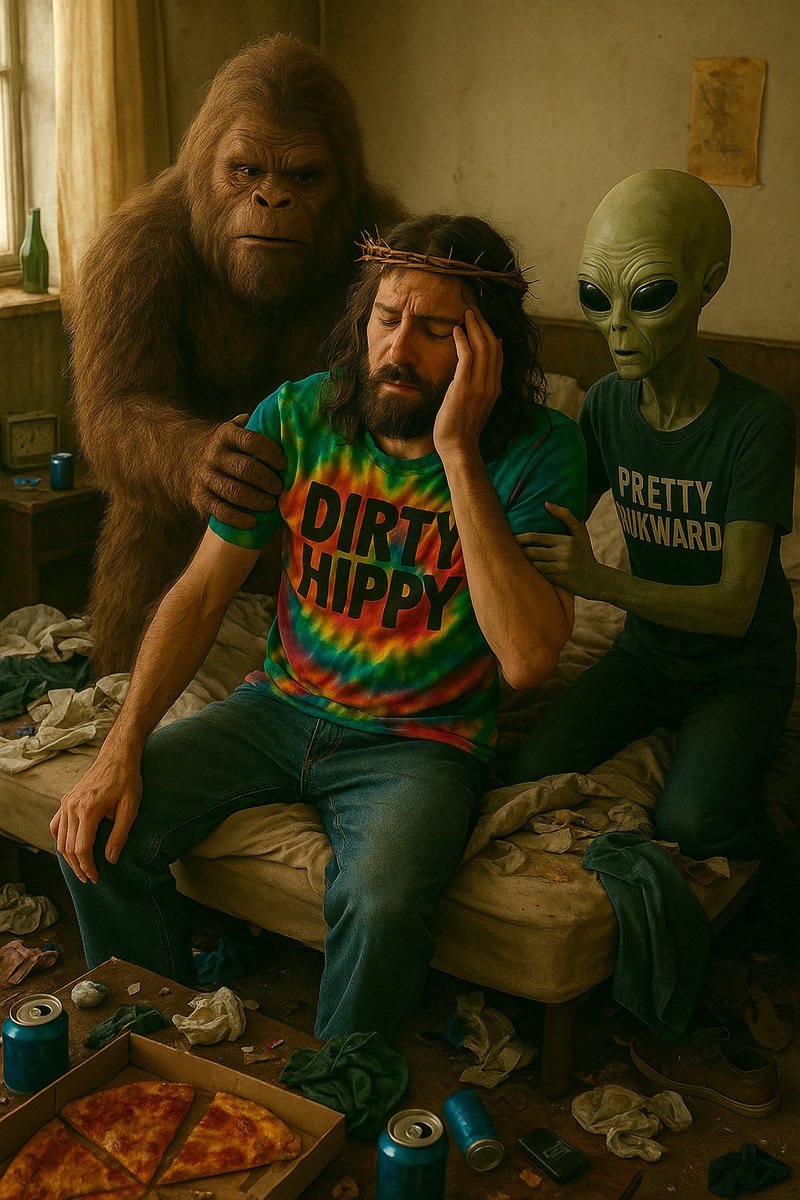 When the vibe goes too hard…

Jesus woke up in a room that smells like pizza, regret, and alien vape smoke.
Bigfoot brewed coffee.
Alien Googled “how to un-party your brain.”
DIRTY HIPPY – OUT NOW (and surprisingly still trending)
🥴🍕👽🦍🛌