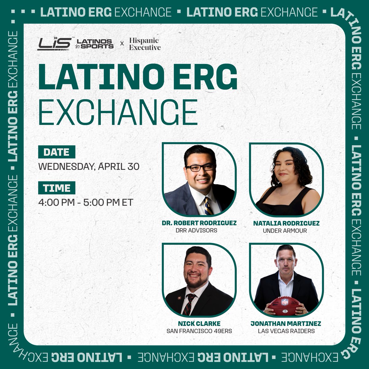 🚨 Last chance!

The Latino ERG Exchange x Latinos in Sports is TOMORROW!
🗓️ April 30 | 4–5 PM ET
🎙️ Under Armour, 49ers, Raiders

🎟️ Free event—register now: hubs.la/Q03kgMTh0