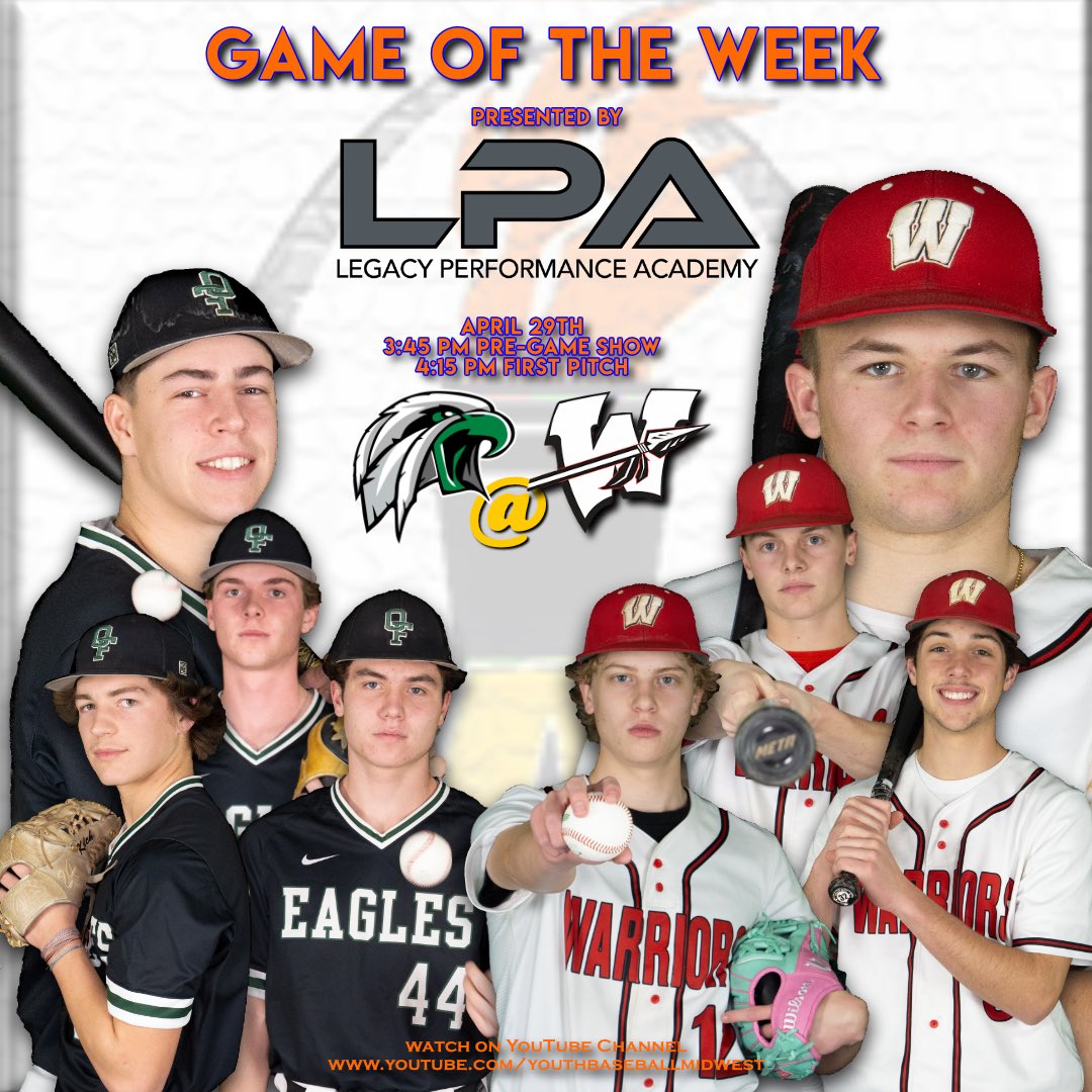 ⚡GAC Game of the Week⚡
We will be #live from Warrenton High School as the Orchard Farm Eagles take on the Warrenton Warriors for today’s GAC Game of the Week!
👀Watch on Youth Baseball Midwest youtube.com/youthbaseballm…
Tuesday April 29th:
🎙️Pre-Game 3:45 pm
⚾First Pitch 4:15