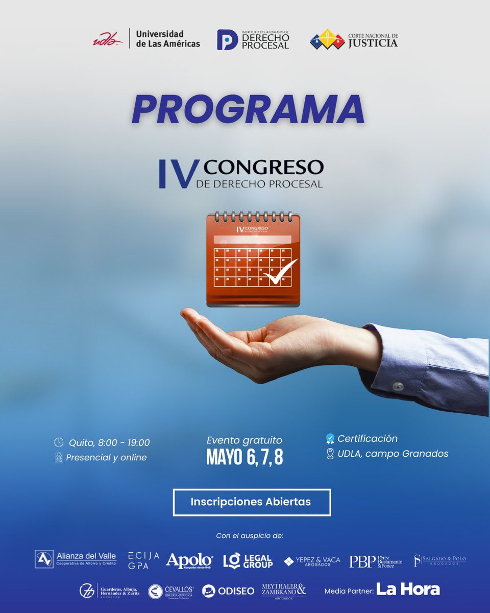 Juan Sebastian Fajardo V (@jsfajardov) on Twitter photo Los congresos anuales del Instituto Ecuatoriano de Derecho Procesal (<a href="/procesalecuador/">Instituto Ecuatoriano de Derecho Procesal</a>) no dejan de mejorar.
Qué orgullo y qué ilusión que me produce acompañarlos en su próxima edición.
Gracias por tu generosidad, hermano del alma <a href="/jolismazon/">Jorge Luis Mazón</a> Los congresos anuales del Instituto Ecuatoriano de Derecho Procesal (<a href="/procesalecuador/">Instituto Ecuatoriano de Derecho Procesal</a>) no dejan de mejorar.
Qué orgullo y qué ilusión que me produce acompañarlos en su próxima edición.
Gracias por tu generosidad, hermano del alma <a href="/jolismazon/">Jorge Luis Mazón</a>
