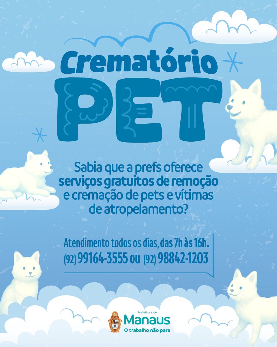 Se liga aqui, maninhos. ⬇️

Existe uma forma de dar adeus com carinho e respeito para seus AUmigos! 🐶🐱

O Crematório PET é um serviço gratuito para garantir uma despedida digna e evitar riscos ambientais.

🤳🏻Atendimento: (92) 99164-3555 ou (92) 98842-120.