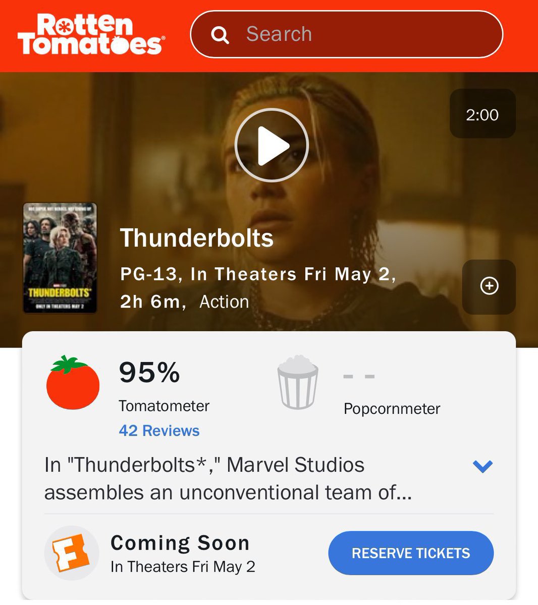 رسمياً🚨|| حصل فيلم THUNDERBOLTS على تقييم %95 بعد مراجعة 42 ناقد بموقع الطماطم الفاسدة !

بسبب التقييم هذا الفيلم اصبح ثاني اعلى فيلم مارفل تقييماً بموقع الطماطم الفاسدة !