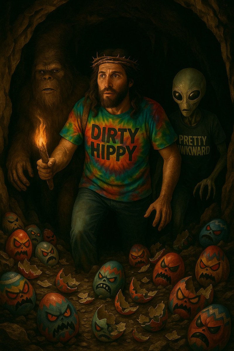 Into the Evil Bunny’s Den.

They followed the trail of cursed chocolate and broken dreams.
Bigfoot smelled the way.
Alien brought backup carrots.
Jesus whispered, “This better be worth it.”
DIRTY HIPPY – still playing through the darkness.
🐰🥕🕯️🥚👀