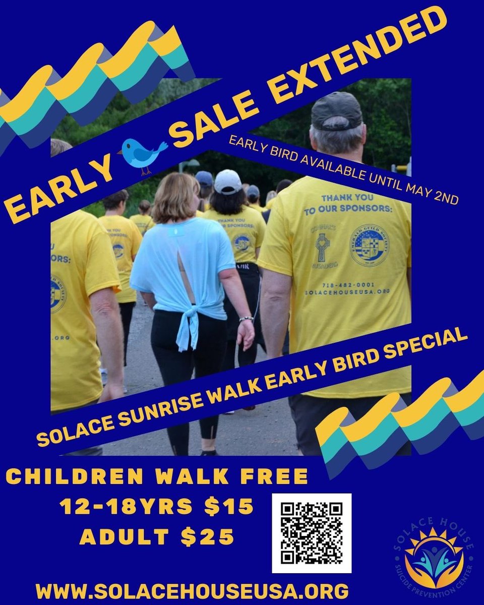 📣EARLY BIRD SPECIAL ANNOUNCEMENT📣

secure.givelively.org/donate/solace-…

🐥Children walk FREE
🐥12-18YRs - $15
🐥Adult - $25

📍Queens - May 17th, New York Irish Center LIC
📍Rockland - May17th, Rockland GAA

#solacehouseusa #solacesunrisewalk2025 #youarenotalone #mentalhealthmatters