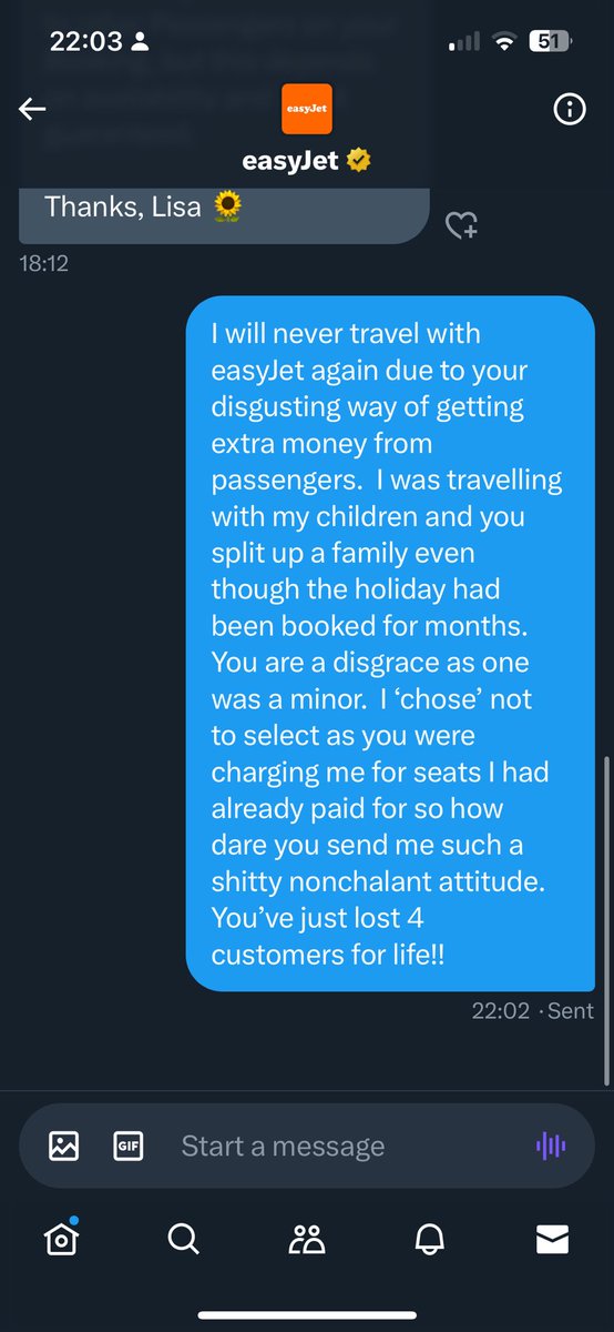 What a disgusting response to an unhappy customer … never will I ever fly with you again <a href="/easyJet/">easyJet</a> and I would advise others not to as a family either, they don’t care and show it!! Vile. Don’t send a 🌻 and think this softens the blow. Budget crap.