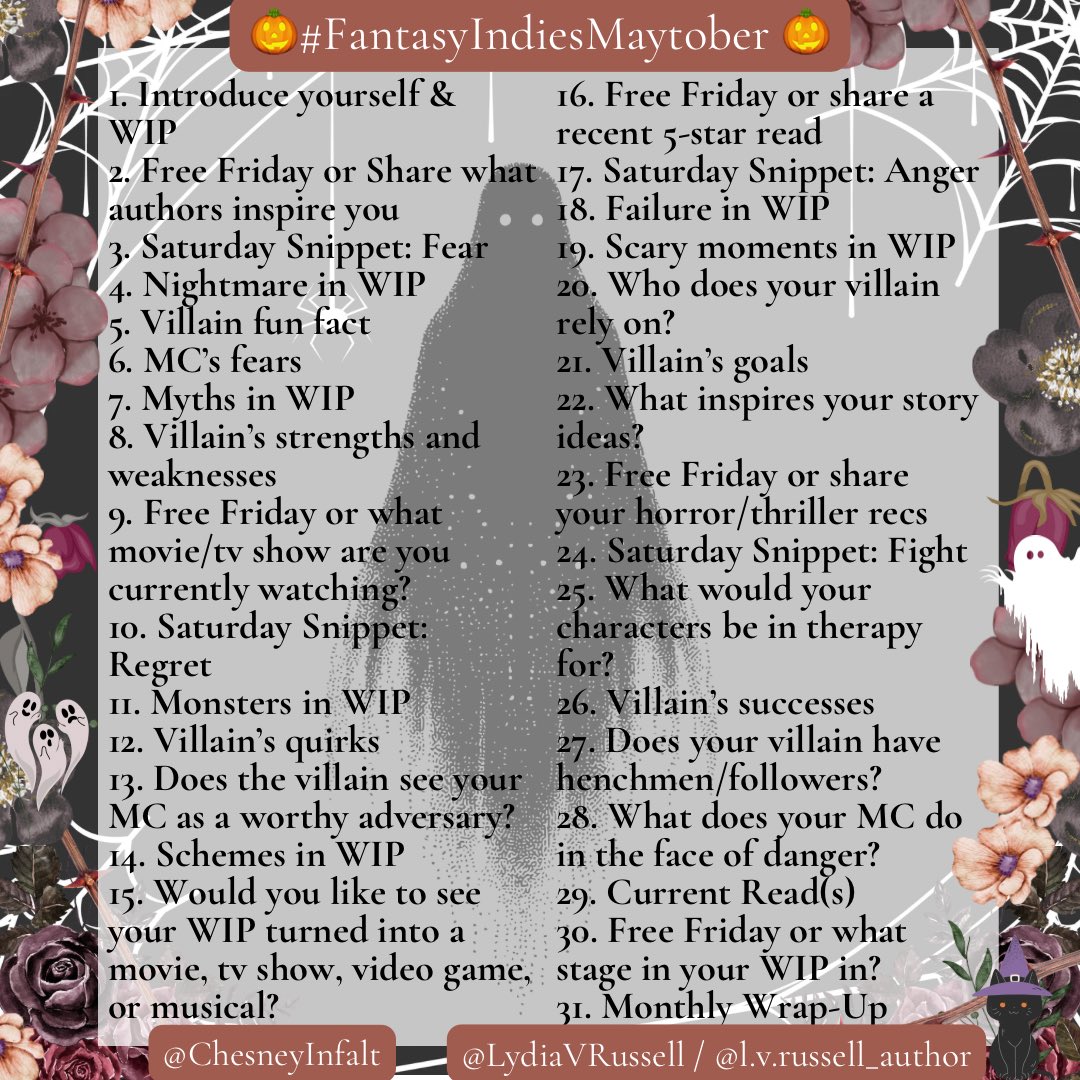 Fantasy Indies (@fantasyindies) on Twitter photo ๐ป #FantasyIndiesMaytober ๐ป
All genres welcome! For snippets, you can use the word of the day or post whatever. You can use the prompts for WIPs or published books.
Feel free to ask the hosts questions!
Love,
Faeries at Fantasy Indies
<a href="/LydiaVRussell/">Lydia V Russell</a> <a href="/ChesneyInfalt/">Chesney Infalt</a> ๐ป #FantasyIndiesMaytober ๐ป
All genres welcome! For snippets, you can use the word of the day or post whatever. You can use the prompts for WIPs or published books.
Feel free to ask the hosts questions!
Love,
Faeries at Fantasy Indies
<a href="/LydiaVRussell/">Lydia V Russell</a> <a href="/ChesneyInfalt/">Chesney Infalt</a>