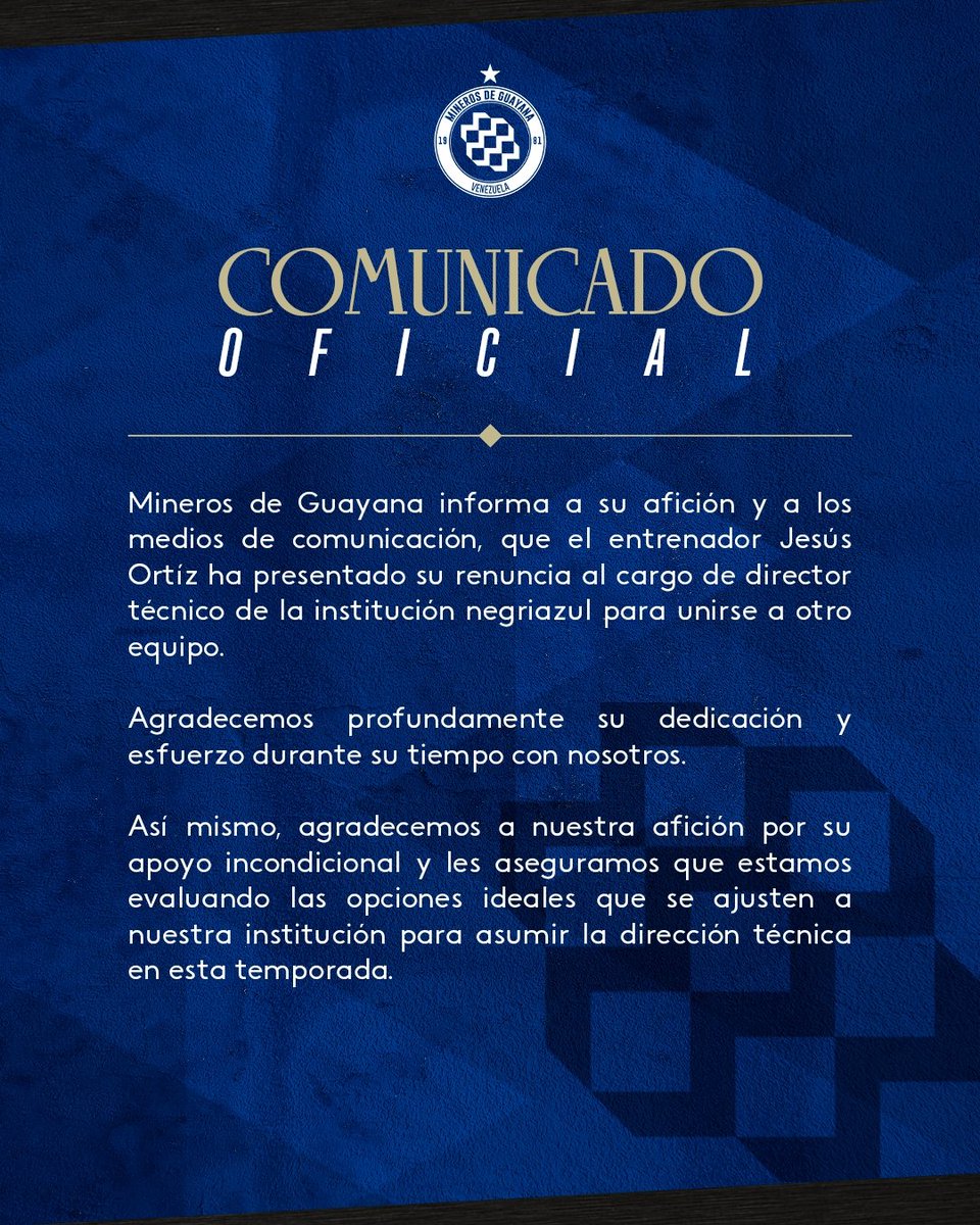 MinerosGuayana's tweet photo. 𝐂𝐎𝐌𝐔𝐍𝐈𝐂𝐀𝐃𝐎 𝐎𝐅𝐈𝐂𝐈𝐀𝐋: 

Renuncia de Jesús Ortíz. https://t.co/AA9oNHtT7a