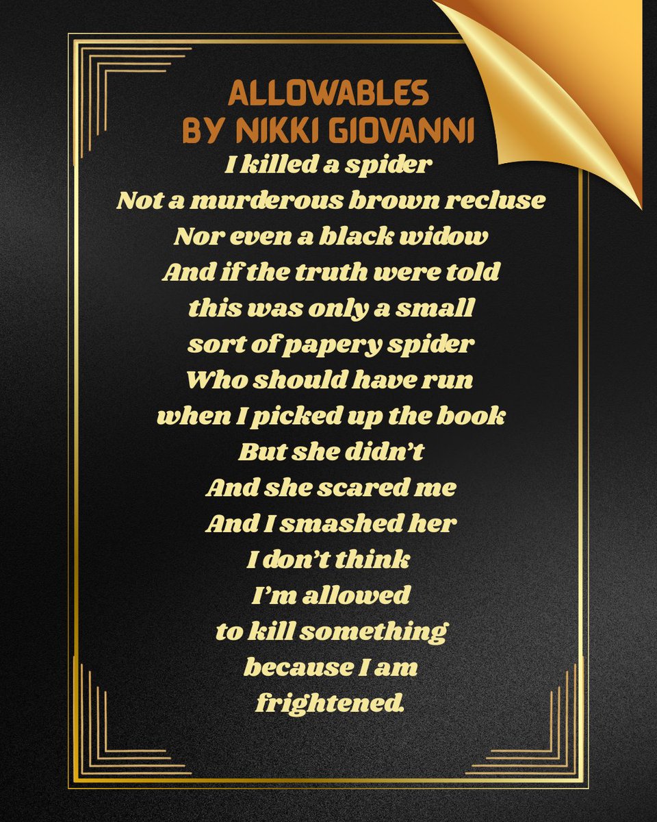 APTPaction's tweet image. Day 19 of our Poem Series

“Allowables” by Nikki Giovanni reminds us: fear is not a justification for harm.

How often does fear excuse violence—especially by the state?

This poem challenges us to pause, reflect, and unlearn.

#PoetryAsResistance #NikkiGiovanni #APTP