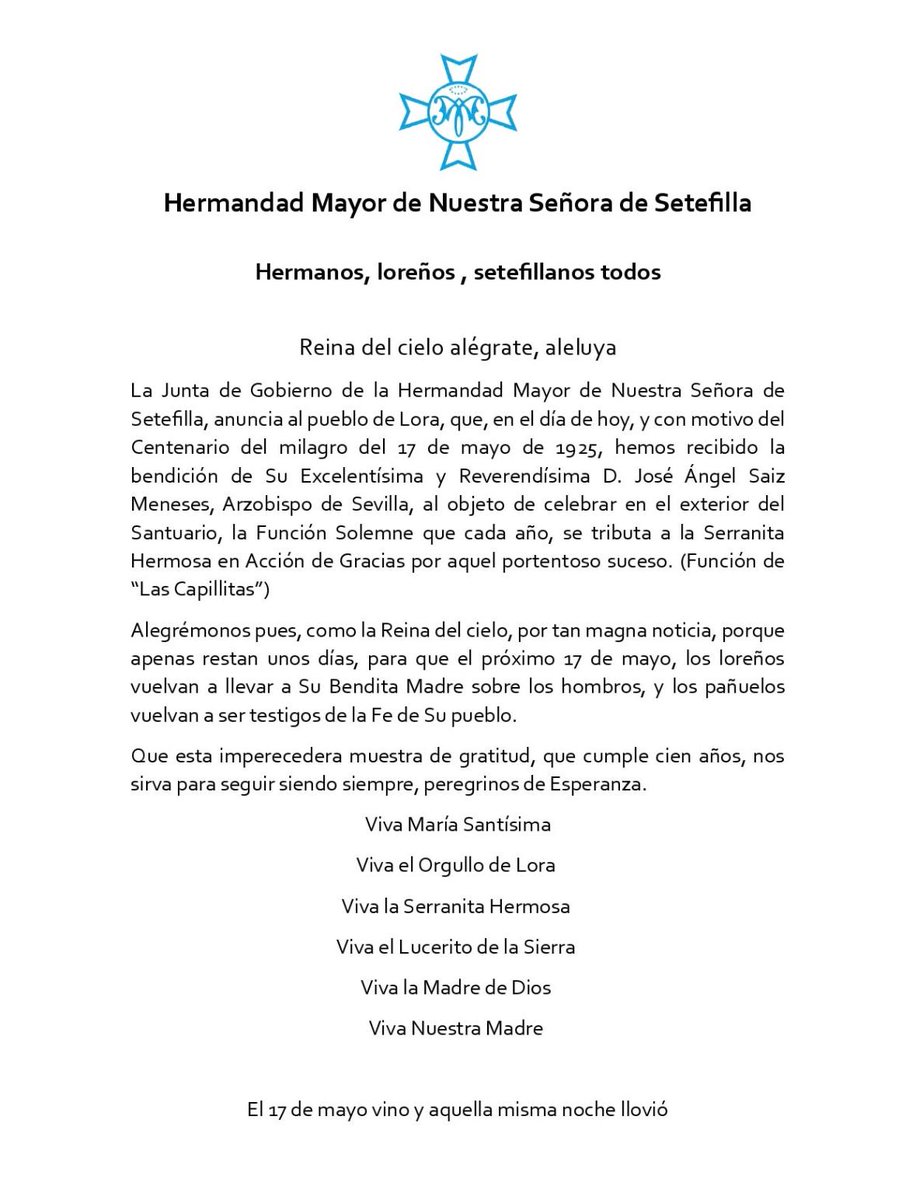 COMUNICADO de la Hermandad Mayor de Nuestra Señora de Setefilla.