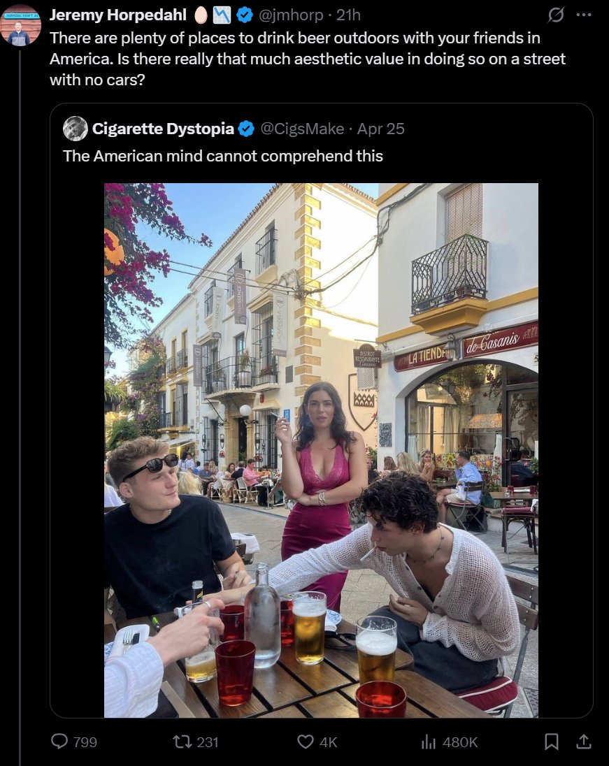 simonsarris's tweet image. by the way the answer to why this sucks in America is that the street with no cars allows &quot;happenstance&quot;.

Instead Americans have to &quot;schedule&quot; to find each-other. Instant hit to user experience. No romance!