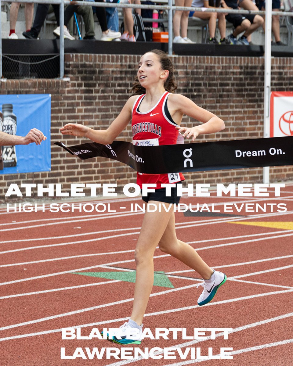 𝐀𝐭𝐡𝐥𝐞𝐭𝐞 𝐨𝐟 𝐭𝐡𝐞 𝐌𝐞𝐞𝐭 👏

Grace Hartman - 1500m Penn Relays record 4:07.19

Casey Helm - Discus Champion 63.37m

Blair Bartlett - 3000m HS Relays record 9:13.60

Michael-Andre Edwards HS Triple Jump Champion 15.94m

#PennRelays