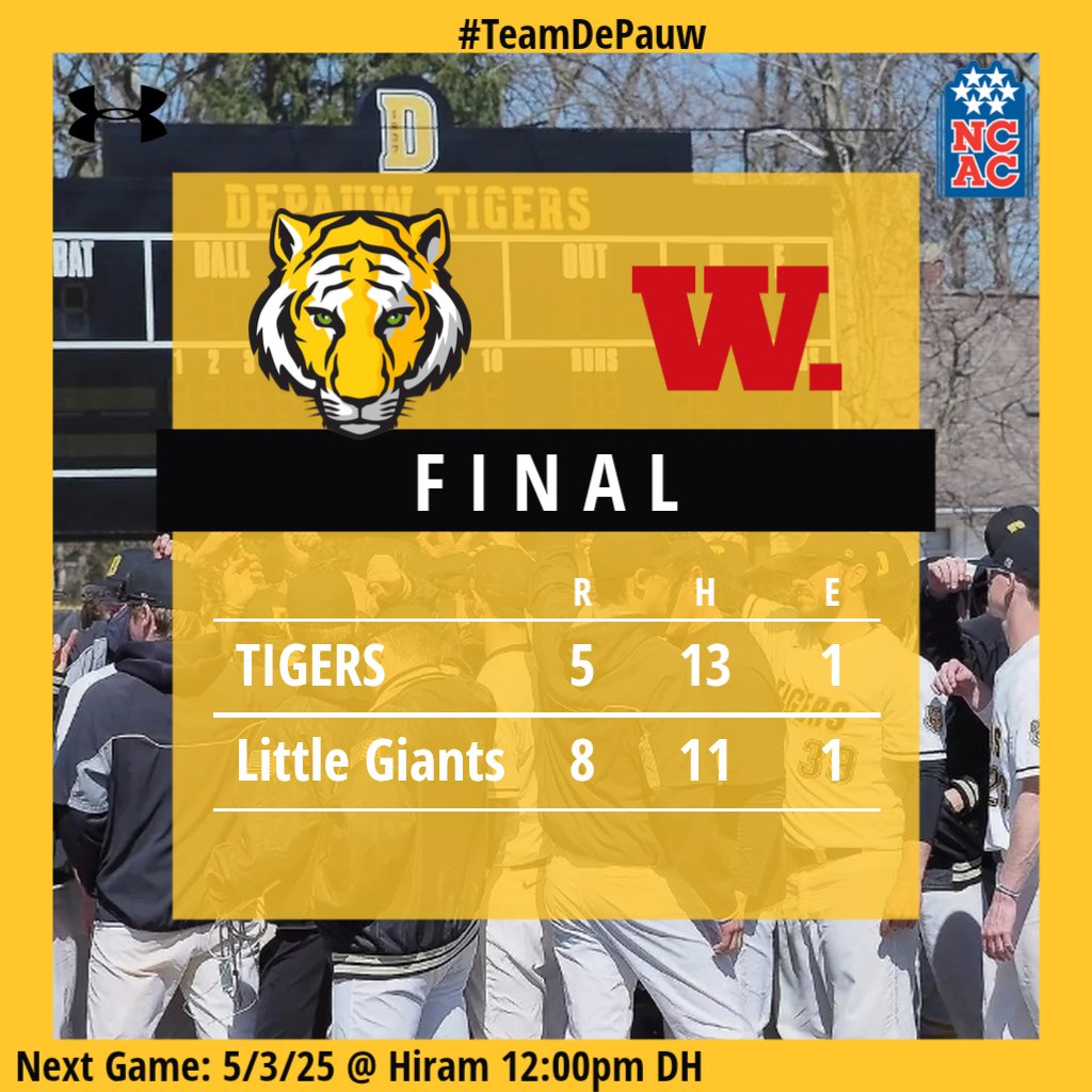 Tigers come up short in Game 2 @ Wabash 5-8. 
#TeamDePauw #D3Baseball

 Next Game: Sat 5/3 @ Hiram
12:00pm, DH