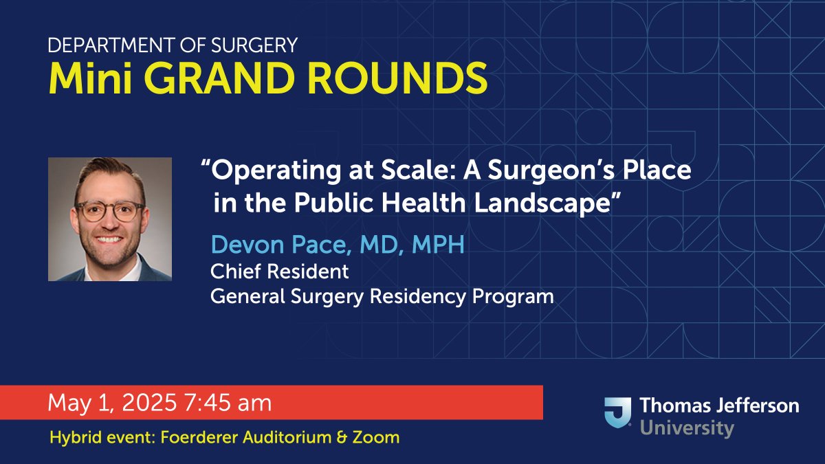 Jefferson Surgery (@jeffsurgery) on Twitter photo This Thursday, Dr. Devon Pace presents the next installment of our Chief Residents Mini #GrandRounds series. Following graduation, he will begin a Transplant Surgery fellowship at <a href="/UMichSurgery/">Michigan Surgery</a>👏
Faculty & staff will receive the link via email | recording to follow here This Thursday, Dr. Devon Pace presents the next installment of our Chief Residents Mini #GrandRounds series. Following graduation, he will begin a Transplant Surgery fellowship at <a href="/UMichSurgery/">Michigan Surgery</a>👏
Faculty & staff will receive the link via email | recording to follow here