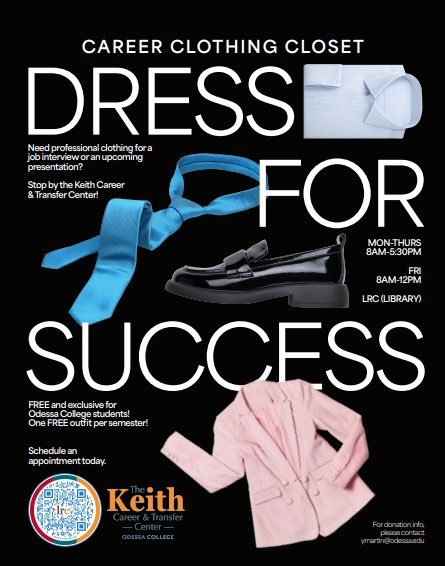 Alyssa__OC's tweet photo. Hey 2025 Graduates! Come find the perfect outfit for your big day!
The Keith Career &amp; Transfer Center’s Career Clothing Closet offers FREE professional outfits for Odessa College students—one per semester!
Stop by Mon–Thurs 8–5:30 or Fri 8–12 in the LRC.
#PositivelyOC @OC_Reagan https://t.co/m7bgky6aeQ