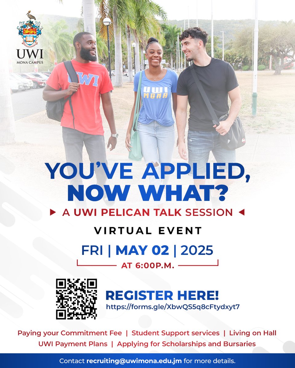 The UWI Mona Campus (@uwimona) on Twitter photo You’ve Applied… Now What?
Join us for a Pelican Talk Session that answers all your next-step questions!  Learn about commitment fees, scholarships, housing, student support and more! 
2/5/25
6pm
Register now:
forms.gle/XbwQS5q8cFtydx…  
Let’s get you ready for life at UWI Mona! You’ve Applied… Now What?
Join us for a Pelican Talk Session that answers all your next-step questions!  Learn about commitment fees, scholarships, housing, student support and more! 
2/5/25
6pm
Register now:
forms.gle/XbwQS5q8cFtydx…  
Let’s get you ready for life at UWI Mona!