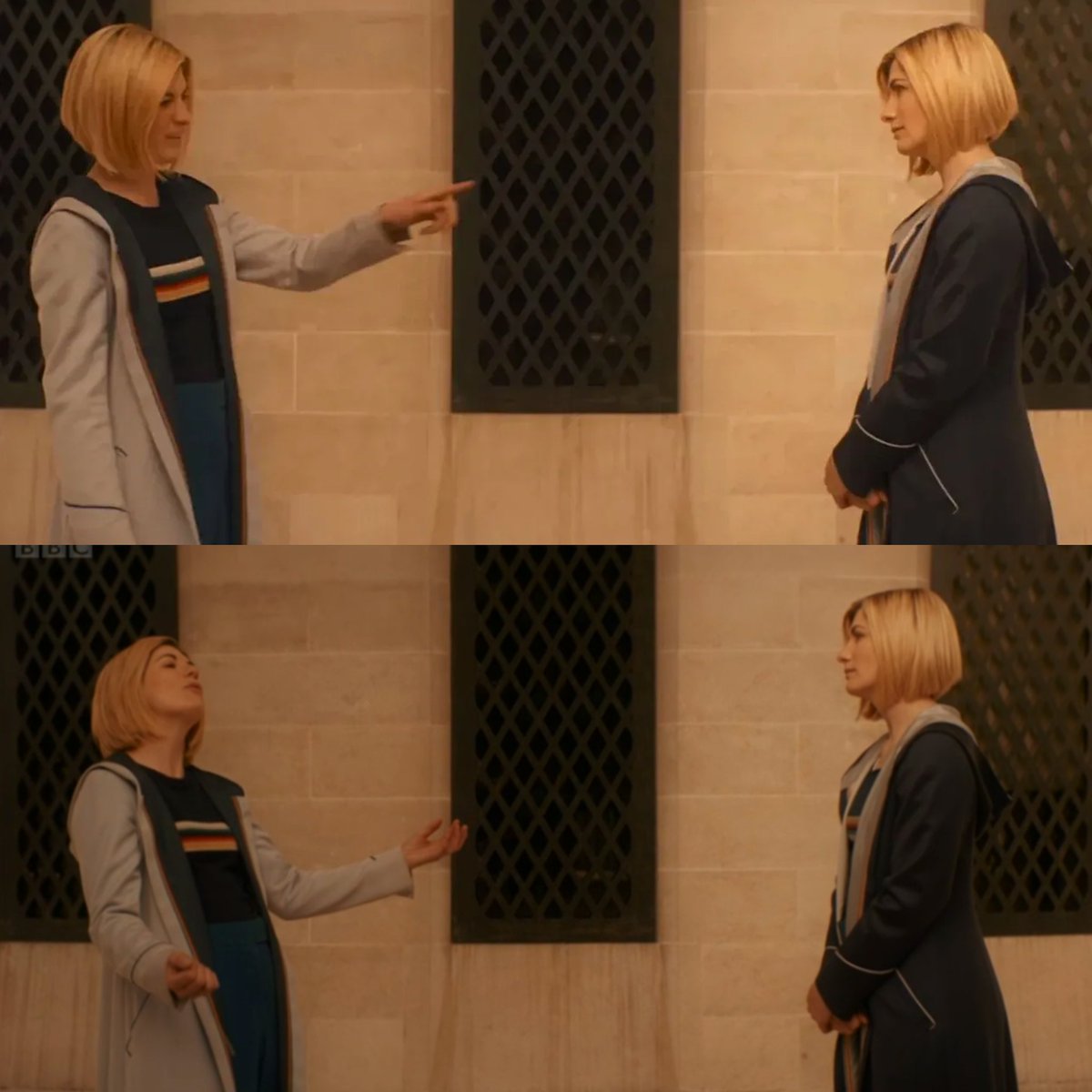 Jodie Whittaker actually didn't know it was Jodie Whittaker who was about to walk in, the crew kept Jodie Whittaker's return a secret from her until the day. Her reaction here is genuine.