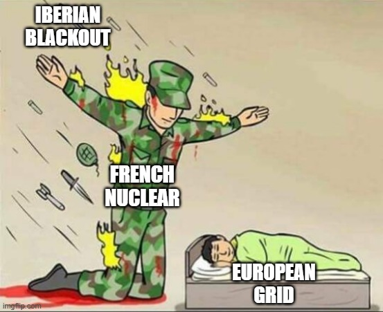 French Nuclear Shields EU Network

"Sfen experts also note that the wave of frequency variation from Spain ended up on the European network, and firstly the French network, where the inertia of the nuclear rotating groups attenuated this phenomenon, avoiding a domino effect."
