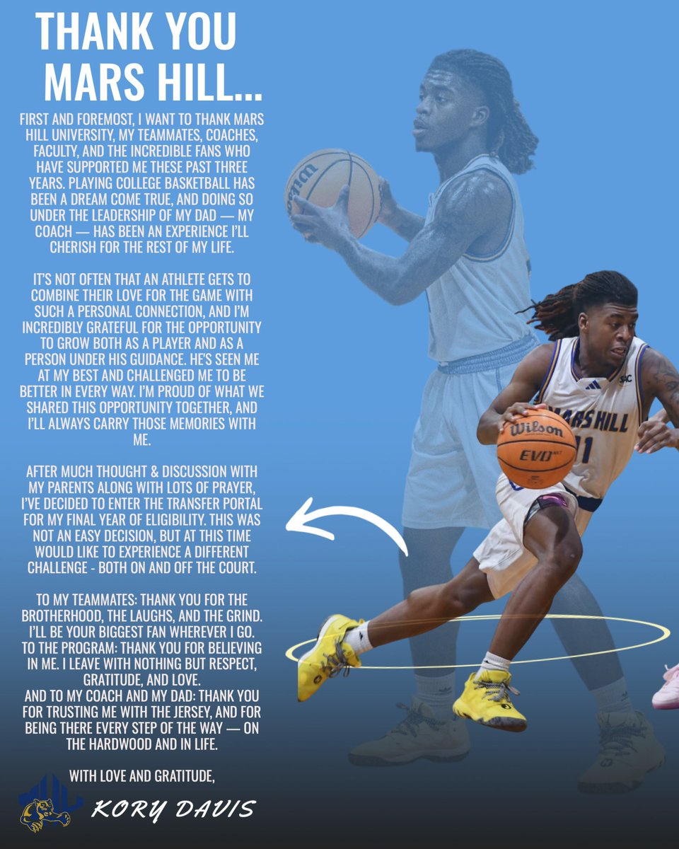 CG-Kory Davis- Mars Hill 3yr starter SAC Freshman of the Year (Transfer) Physical downhill guard (173 FT shot) 83% FT-40% 3pt-24 charges drawn. Great at creating for others 2:1 AST/TO 
youtu.be/o9obL0McTAM?si…