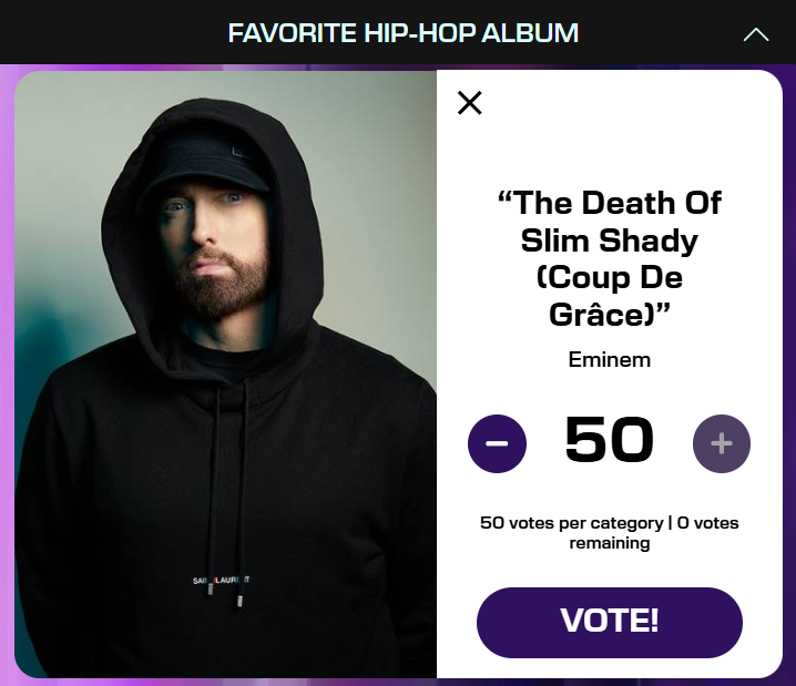 It's double voting day for #AMAs today!
Eminem is nominated for 2 awards:

- Favorite Male Hip-Hop Artist
- Favorite Hip-Hop Album (The Death of Slim Shady)

RT and vote here: billboard.com/amasvote/