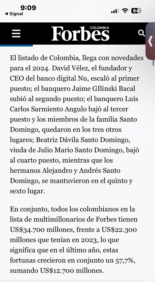 Los ricos más ricos de Colombia pasaron sus fortunas de 22.000 millones de dólares a 35.000 millones entre 2023 y 2024. 

Pero al proponérseles una reforma tributaria que permita que una parte pequeña de esas utilidades resuelva el déficit fiscal, los ha llevado al insulto