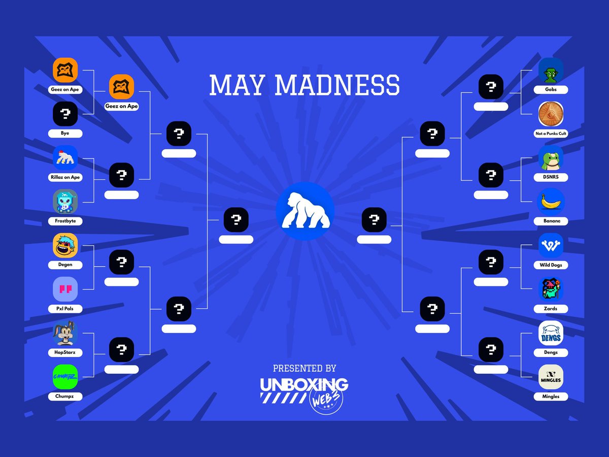 Introducing May Madness! 

Watch our latest episode and fill out your bracket on unboxingweb3.com. We took the top 15 projects from spotlight and put them head to head in this EPIC tournament to see which ApeChain NFT project reigns supreme with prizes in <a href="/apecoin/">ApeCoin</a> and