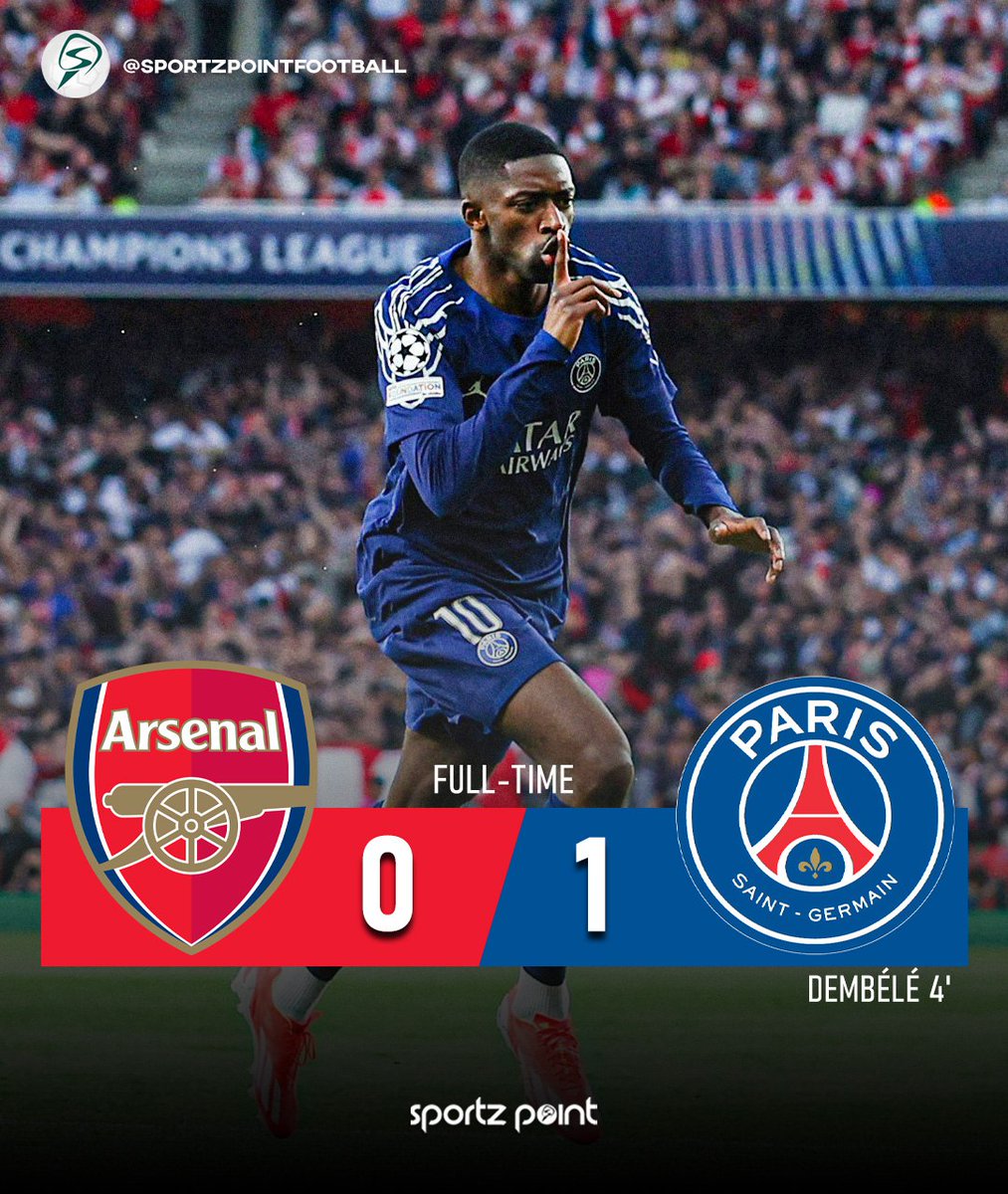 👉 Full time: Arsenal 0-1 PSG
PSG beat Arsenal for the first time in UEFA Champions League history. 🏆🏆

Ousmane Dembélé scored the lone goal. 

They head into the second leg with a 1-0 lead. Can Arsenal bounce back in Paris? 🤔🤔🤔
 
#ARSPSG #uefachampionsleague #Arsenal #PSG