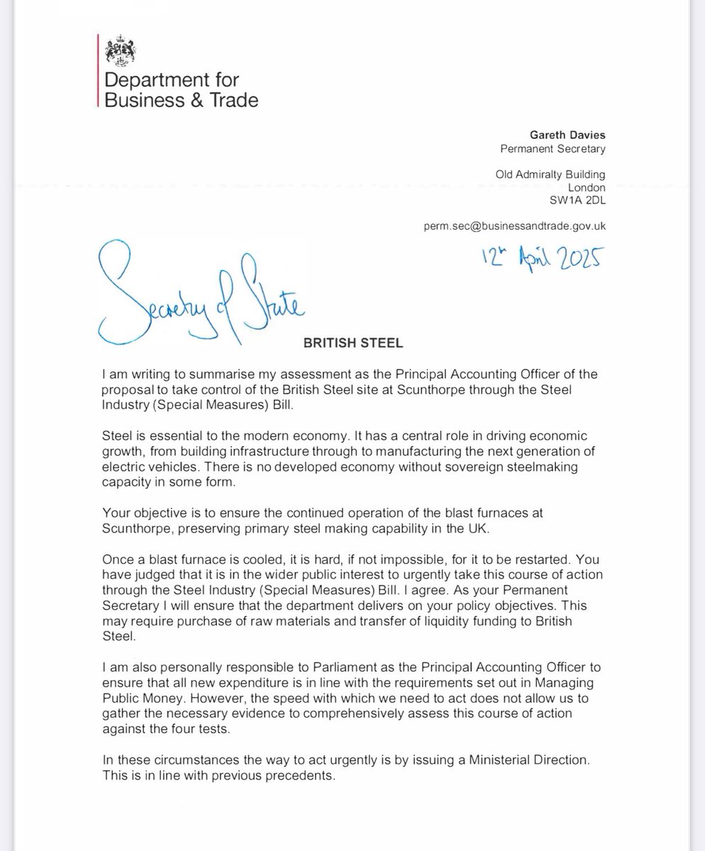 AlexanderPHRose's tweet photo. The Ministerial Direction for British Steel has been published.
It appears to set a precedent under Subsidy Control law (as the first time national security has been used to avoid the Competition and Markets Authority scrutinising a state funded restructure).
#SubsidyControl https://t.co/6MyCaWWK0S
