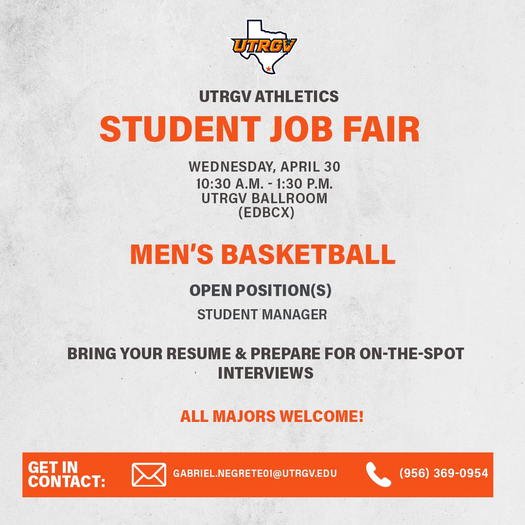 UTRGV Men’s Basketball (@utrgvmbb) on Twitter photo We're looking for student managers for the 2025-26 season. If you're interested in joining our team, come visit us tomorrow at the UTRGV Athletics Student Job Fair. 
#RallyTheValley #UTRGV We're looking for student managers for the 2025-26 season. If you're interested in joining our team, come visit us tomorrow at the UTRGV Athletics Student Job Fair. 
#RallyTheValley #UTRGV