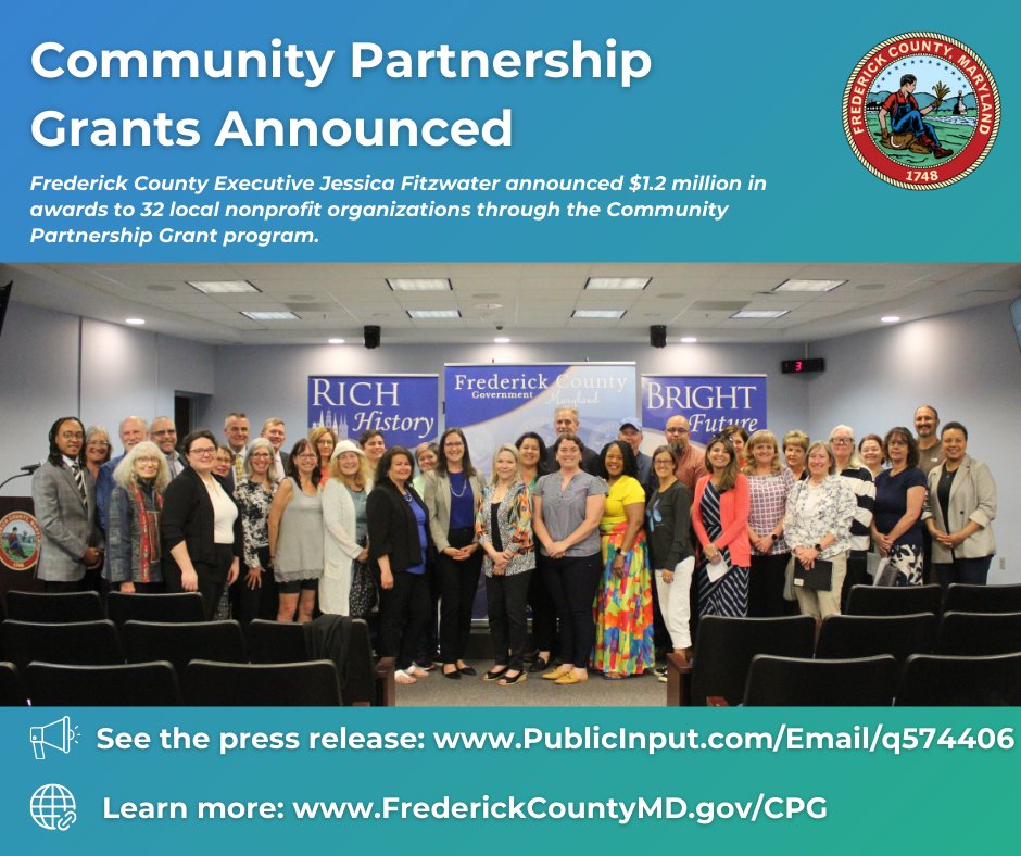 Frederick County Executive Jessica Fitzwater today announced $1.2 million in awards to 32 local nonprofit organizations through the Community Partnership Grant program. Learn more in the press release at publicinput.com/Email/q574406